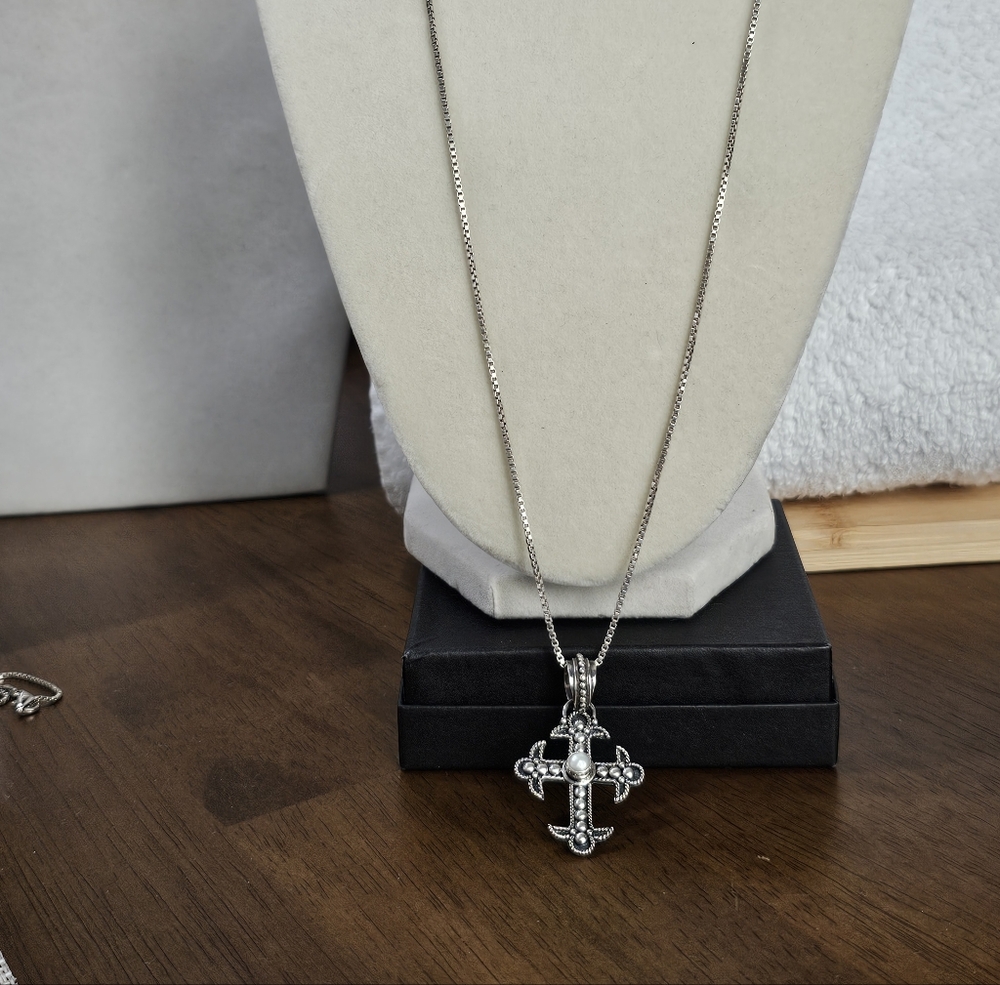 BA Indonesia 925 Silver Cross Necklace With White Pearl - Picture 7 of 11